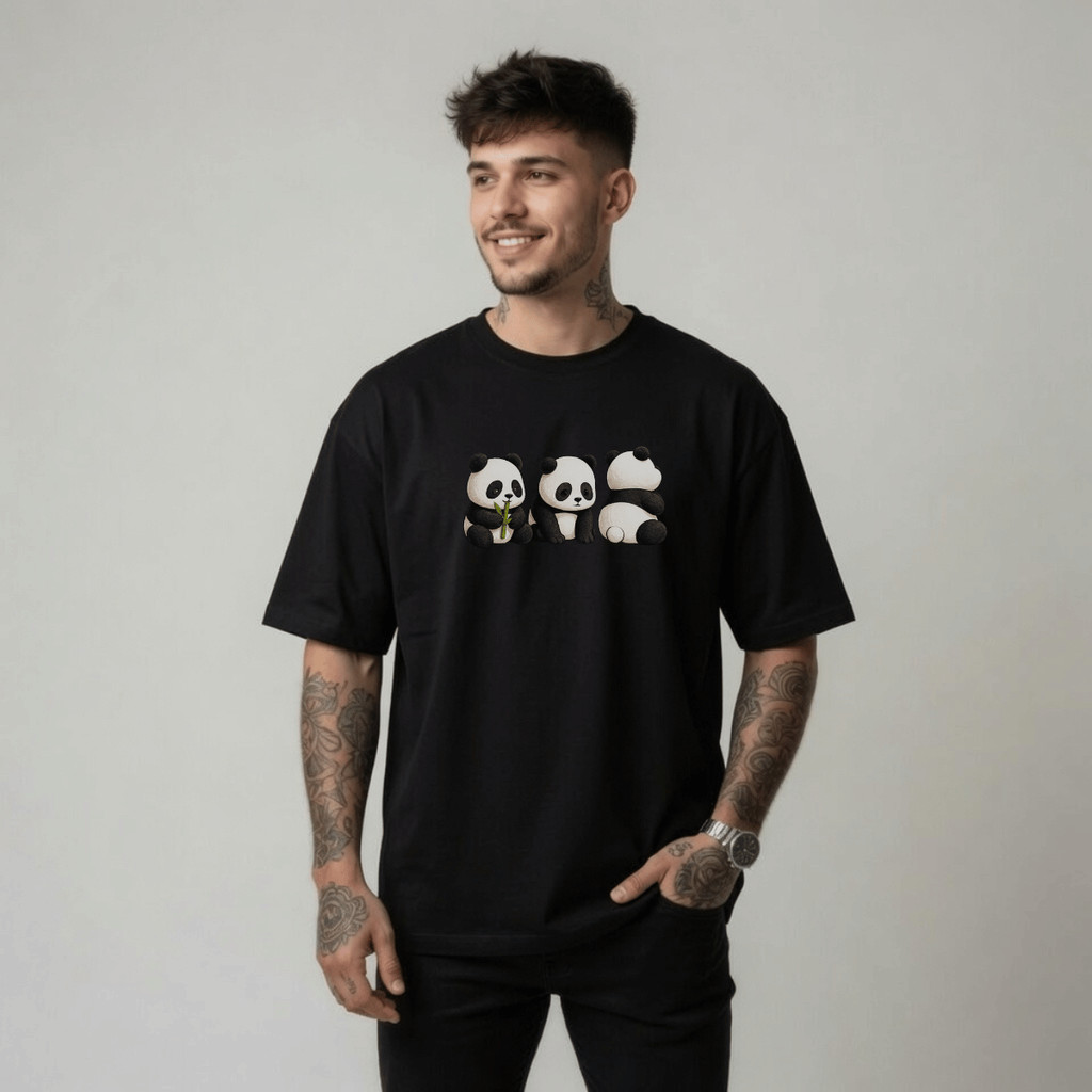 Camiseta Masculina Estampada  3 Pandas 100% Algodão Premium Camisa Blusa Homem Academia Confortavel Plus Size