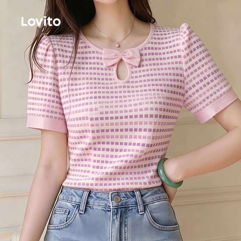(New Arrival) Lovito Camiseta Casual Corte de Padrão Laço Primavera/verão para M