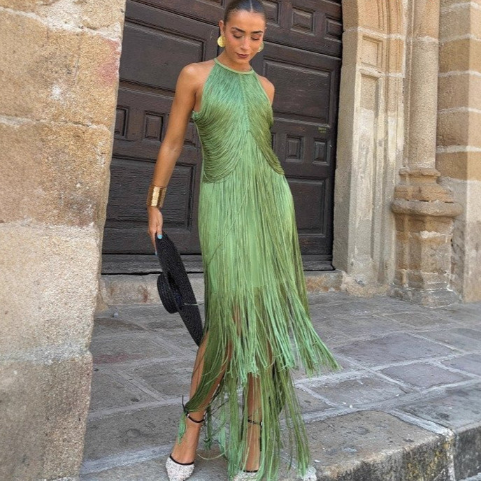 Halter Pescoço Borla Franja Maxi Vestido Sem Mangas Bainha Alta Baixa Feminino Formal Festa À Noite Longo
