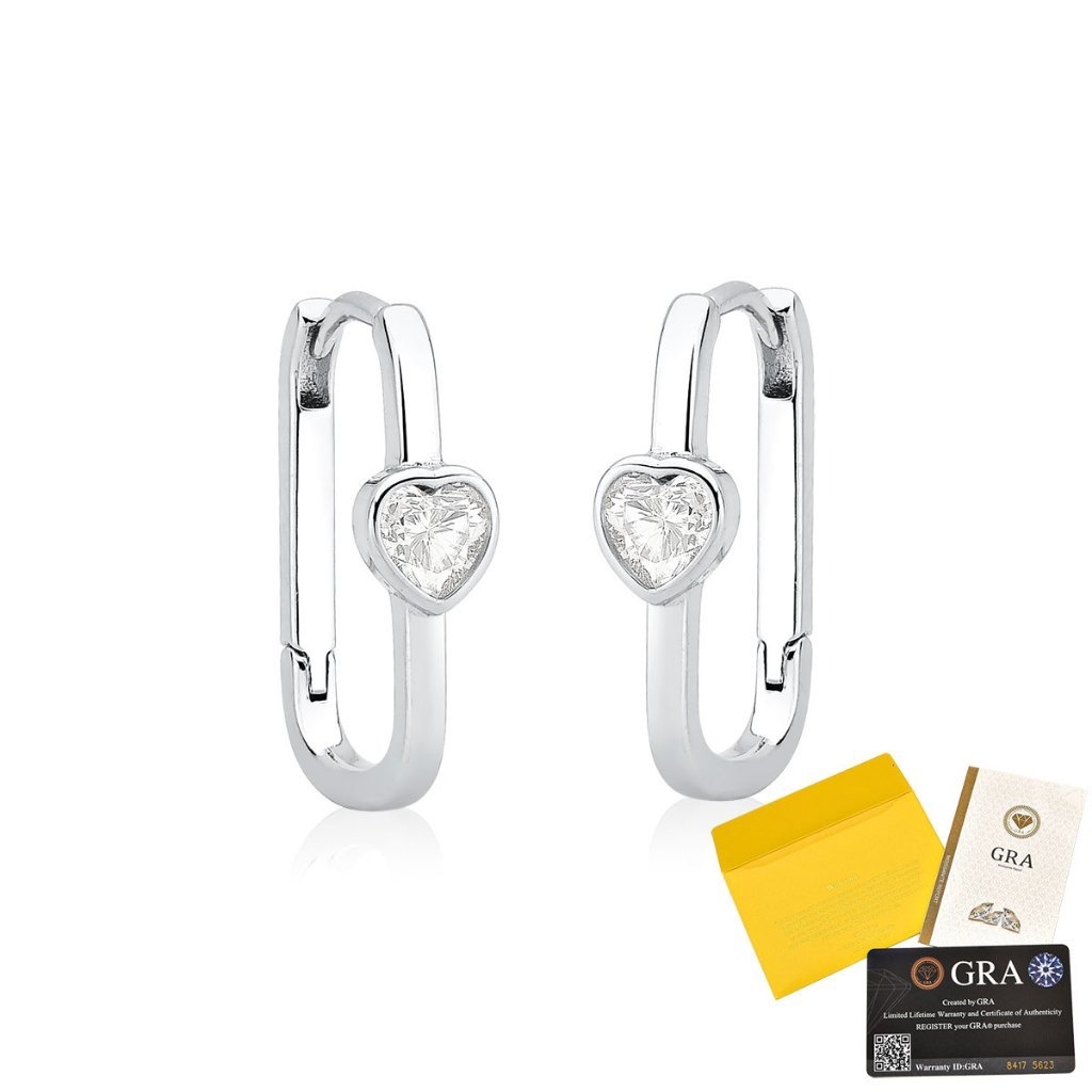 Brinco Moissanite de Prata 925 Argola Slim e Ponto de Luz Coração