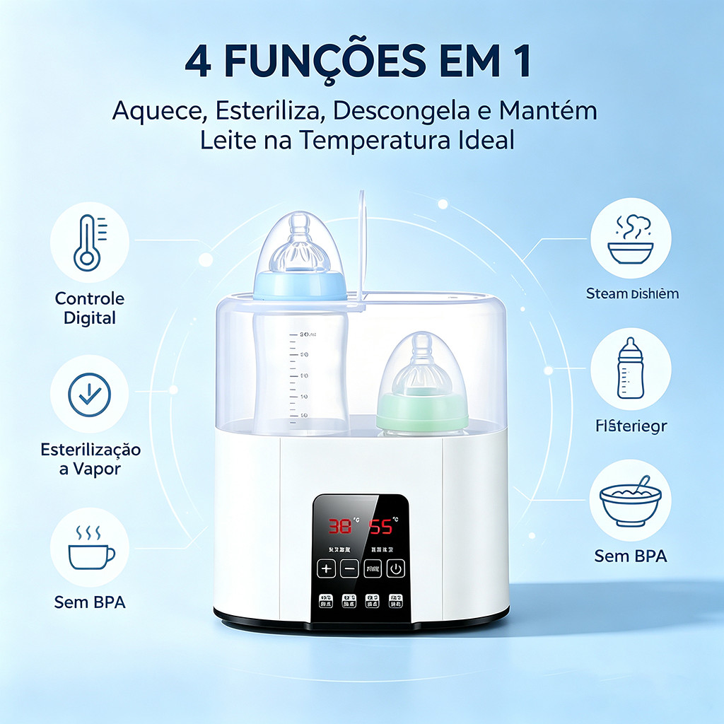 Aquecedor de Leite com Esterilizador para Mamadeiras – 2 em 1, Rápido e Portátil