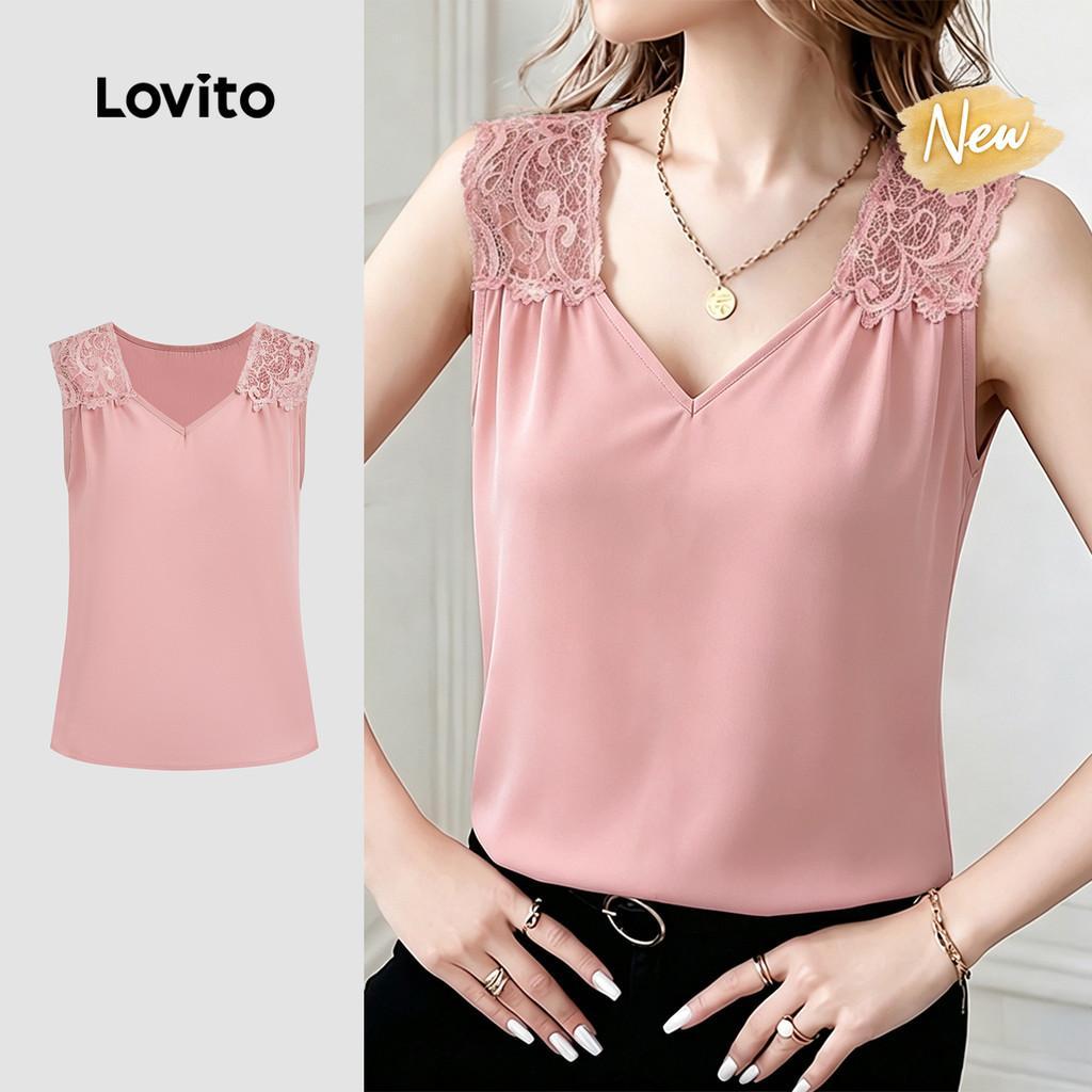 (New Arrival) Lovito Top Casual Rosa Plissado de Renda para Mulheres primavera/v