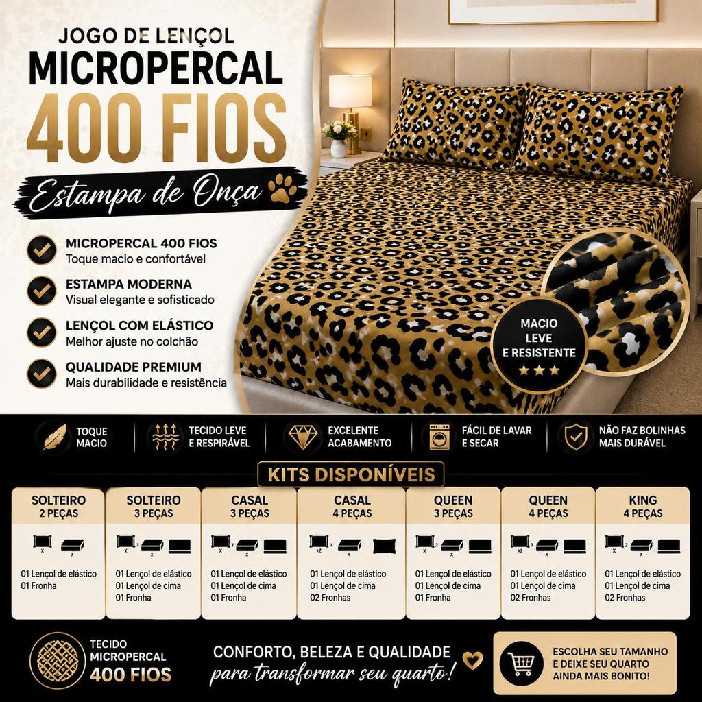 Jogo de Lençol Casal Micropercal  - Solteiro ao King -2, 3 e 4 Pçs com Elástico Toque Macio Estampa Onça Animal Print