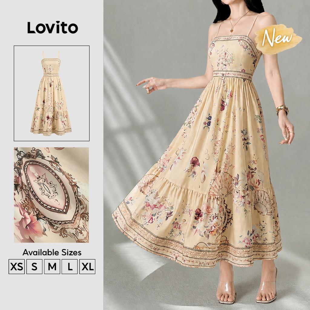 (New Arrival) Lovito Vestido Boho Nacional Estilo Padrão Bainha com Babados Primavera/verão para mulheres DRB202P2D080