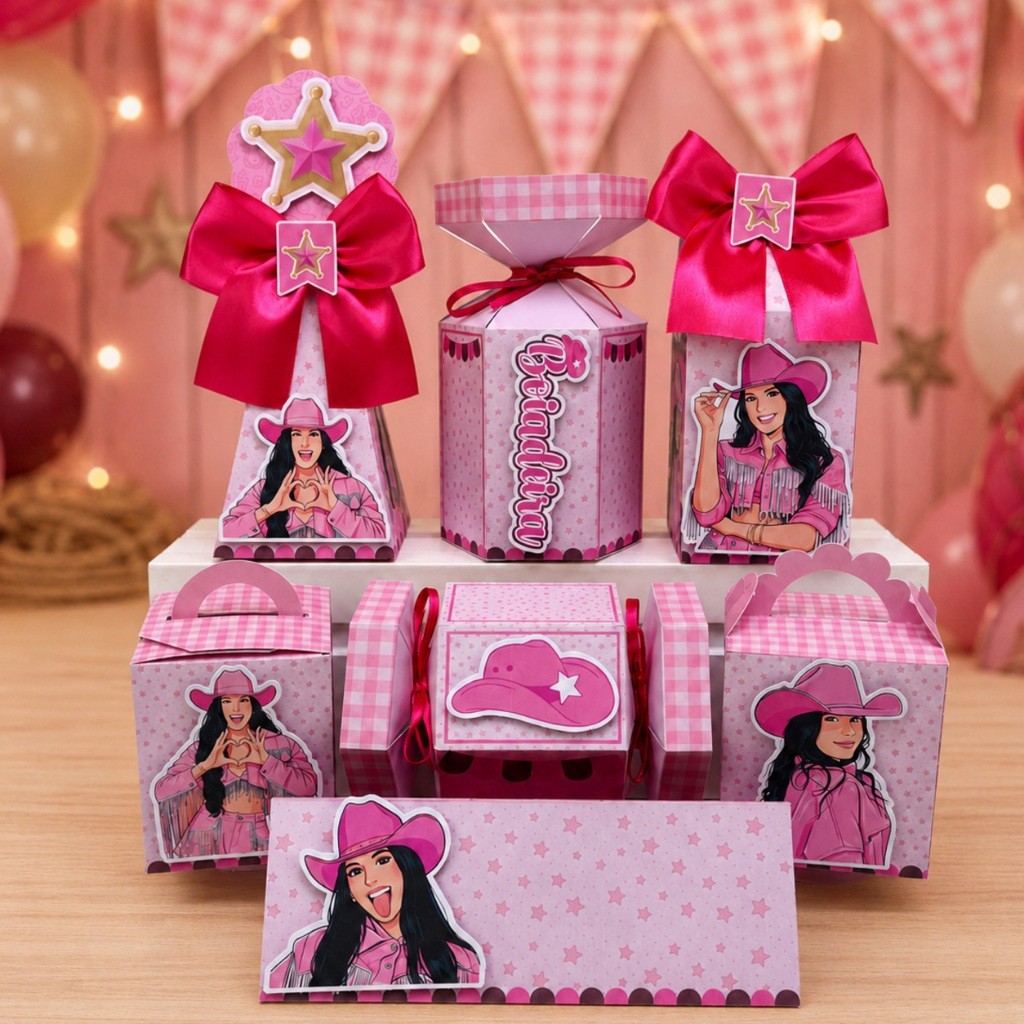 Lembrancinhas de Aniversário Ana Castela Boiadeira Rosa com Kit de Caixinhas Personalizadas