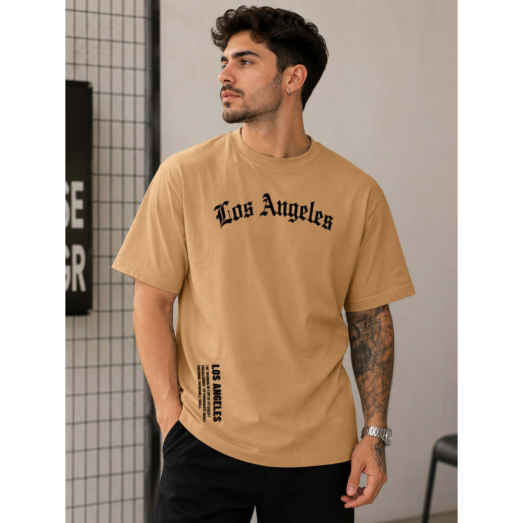 Camiseta Masculina de Algodão Estampada Los Angeles Modelagem Regular para o Verão