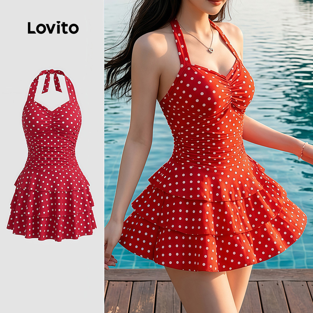 (New Arrival) Lovito Maiô Feminino com Camadas e Estampa Vermelha Costas Aberta
