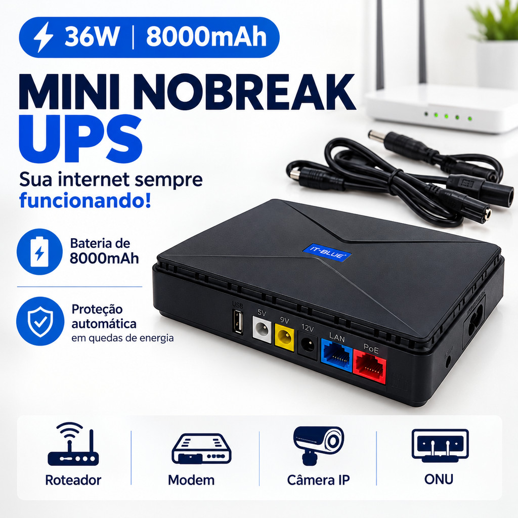 Mini UPS Nobreak 36W 8000mAh 5V 9V 12V 15V 24V PoE Para Roteador Modem ONU CFTV
