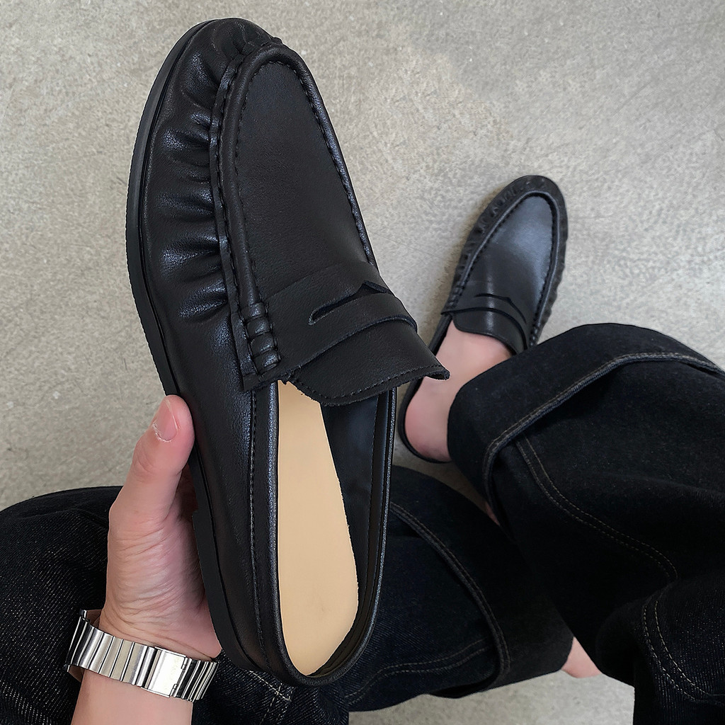 Chinelos de couro cobertos de dedo do pé casuais sapatos masculinos britânicos estilo dinheiro velho verão plissado sapa