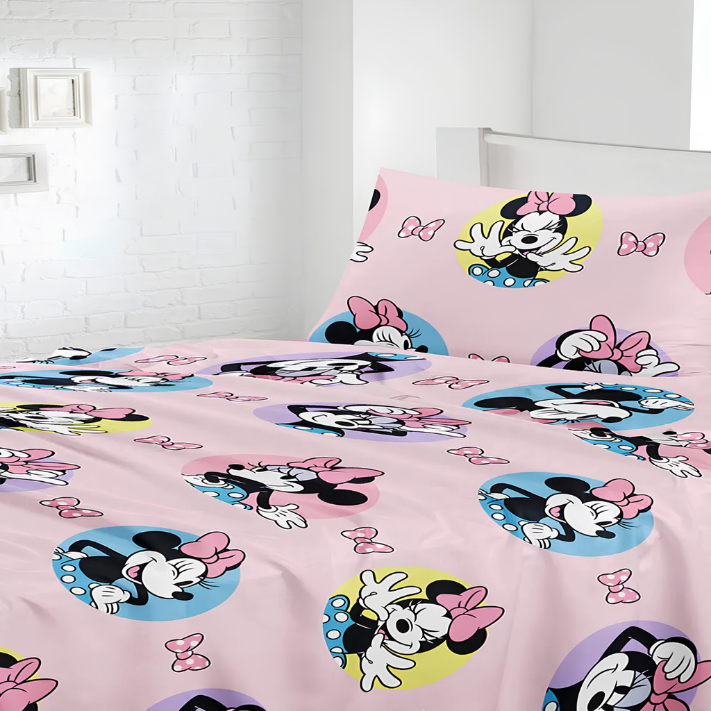 Jogo de Cama Solteiro Infantil Minnie Disney Jolitex Toque de Seda 300 Fios Microfibra 2 Peças Lençol com Elástico