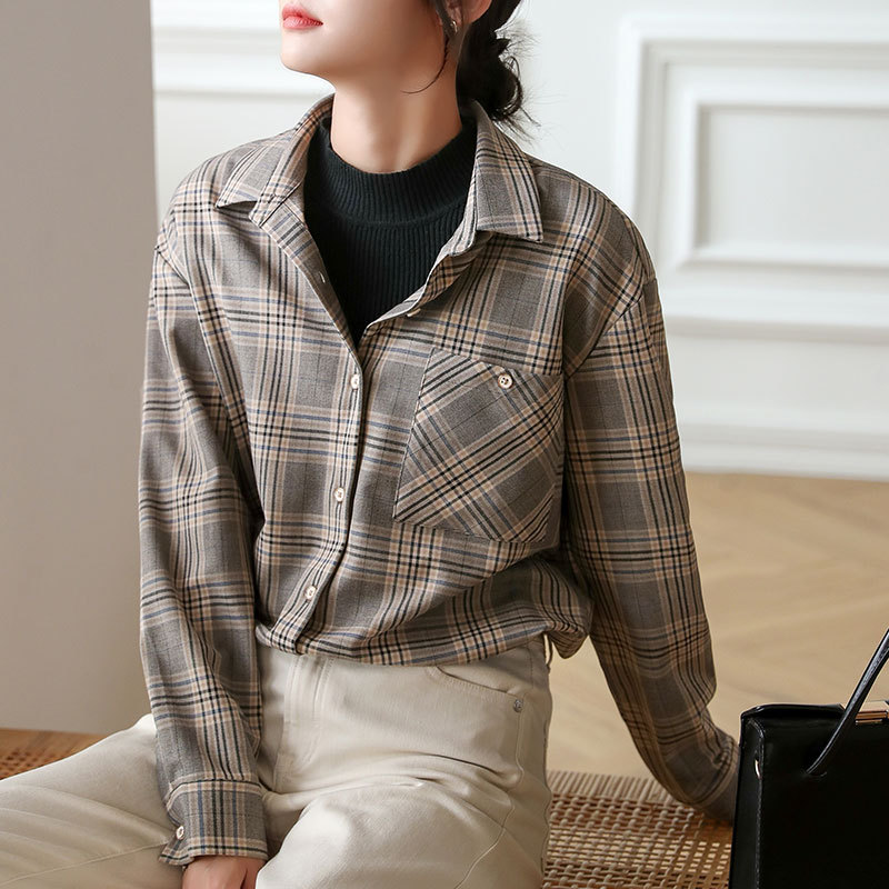 Camisa xadrez de algodão puro feminina primavera outono novo estilo versão coreana jaqueta escovada camisa de manga comp