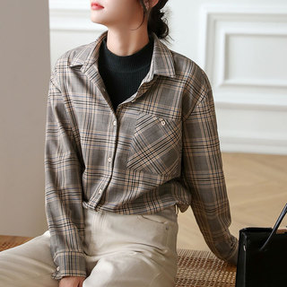 Camisa xadrez de algodão puro feminina primavera outono novo estilo versão coreana jaqueta escovada camisa de manga comp