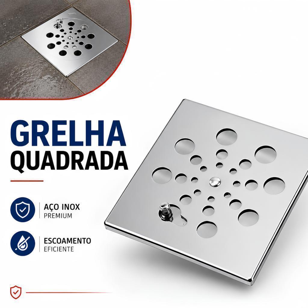 Tampa de Grelha Quadrada Cromada para Ralo - Aço Inox Prateado, Abre/Fecha, Bruen