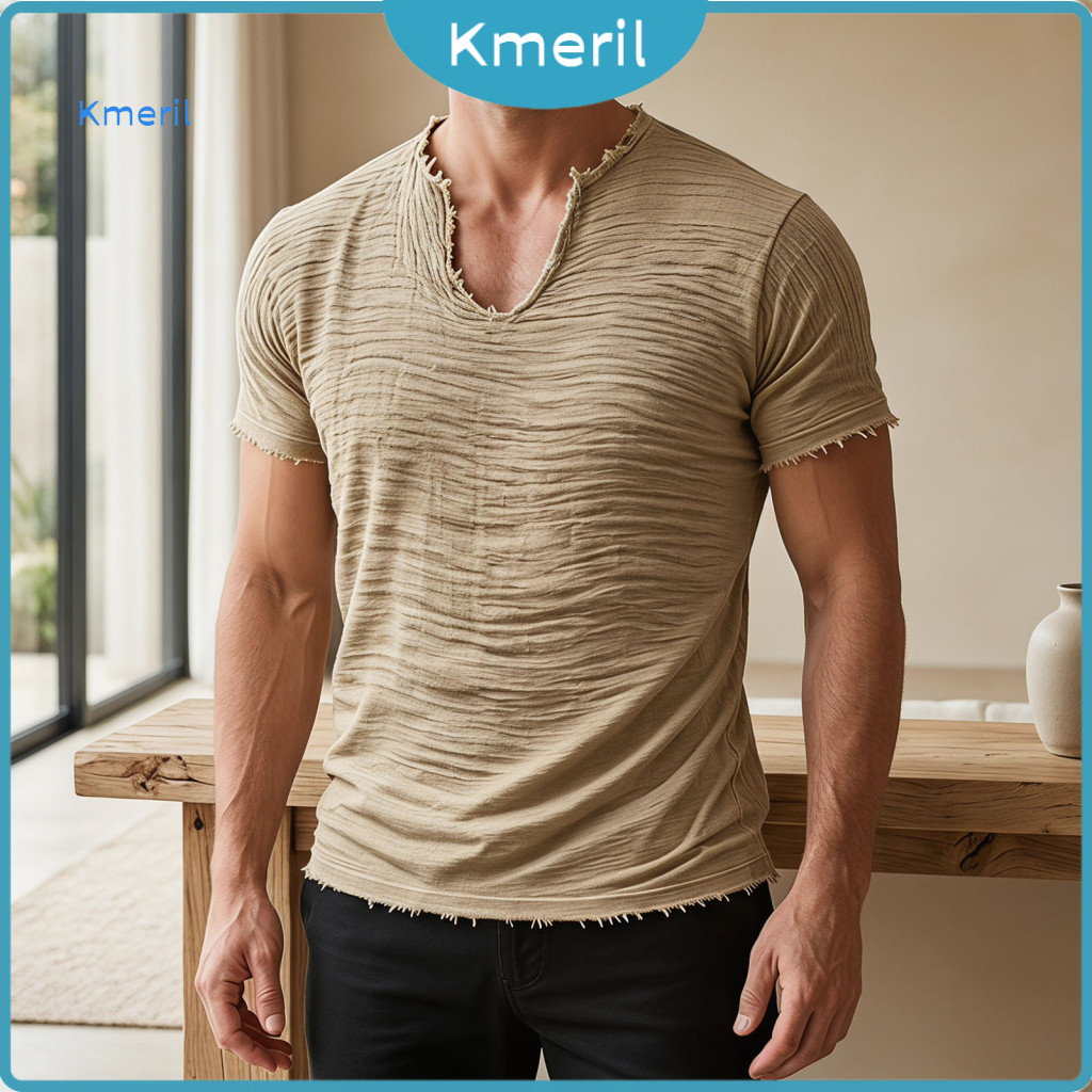 Trendy Men Fashion Top Classic Regular Fit Tee Men's Retro V-neck Fringed T-shirt Short Sleeve Stylish Summer for Party 