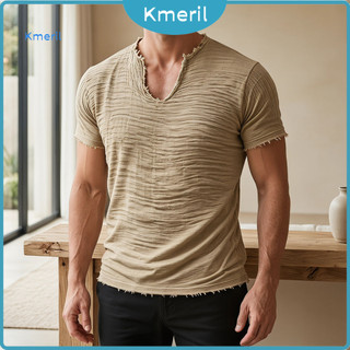Trendy Men Fashion Top Classic Regular Fit Tee Men's Retro V-neck Fringed T-shirt Short Sleeve Stylish Summer for Party 