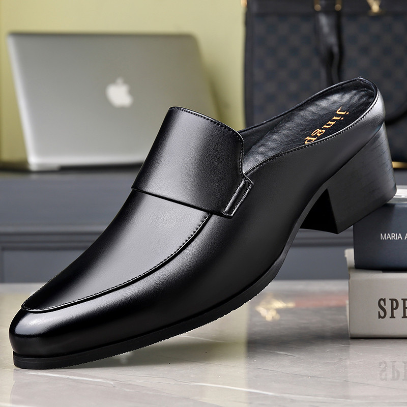 Baotou meia chinelos sem salto verão couro genuíno respirável exterior Wear Mules masculino estilo britânico apontou Toe