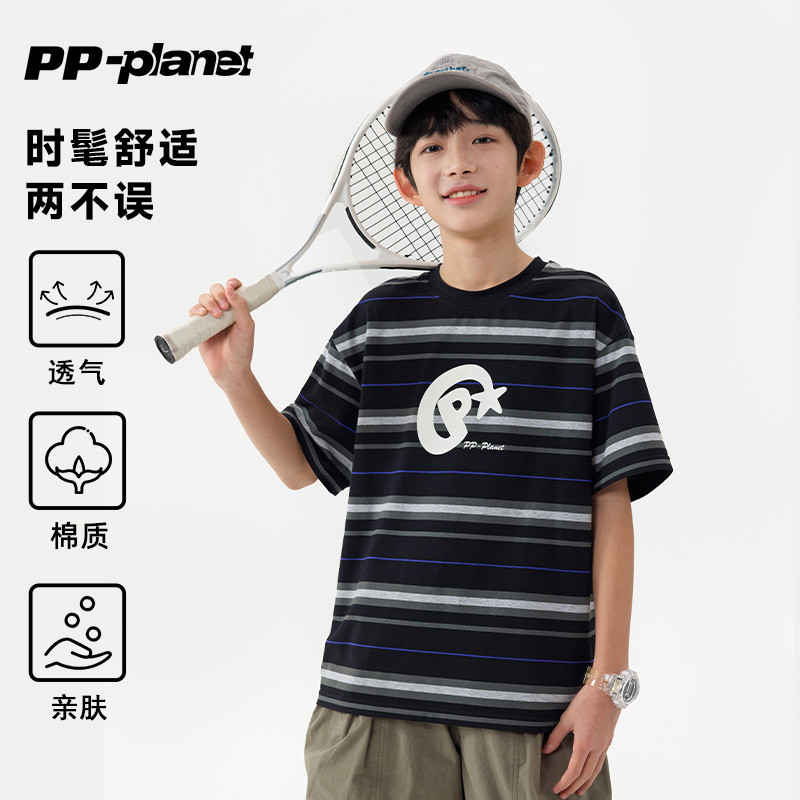 PP Planet Original Crianças Street Wear Moda Listrado Manga Curta Impresso Camiseta Meninos Casual All-Match t Médio Gra