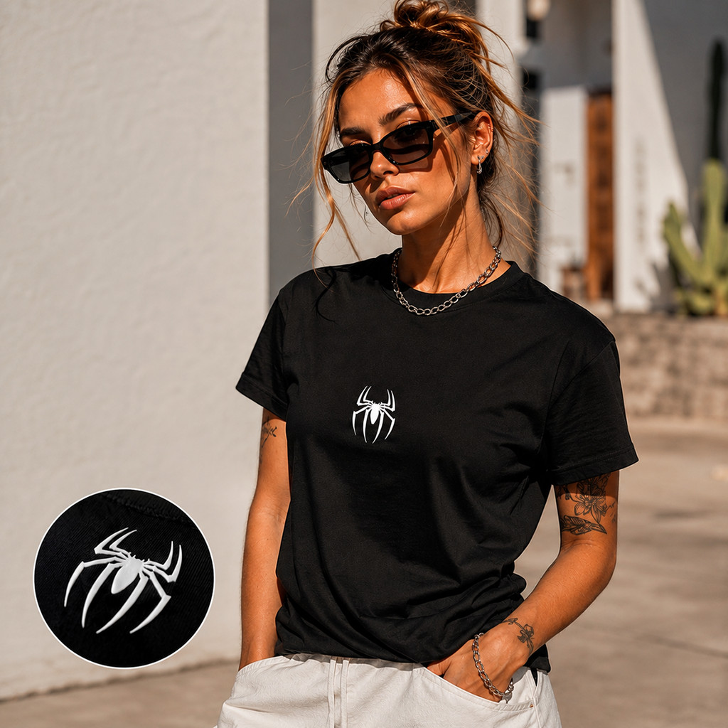 Camiseta Feminina Tradicional Aranha Estampada Manga Curta Algodão Confortável Casual Streetwear
