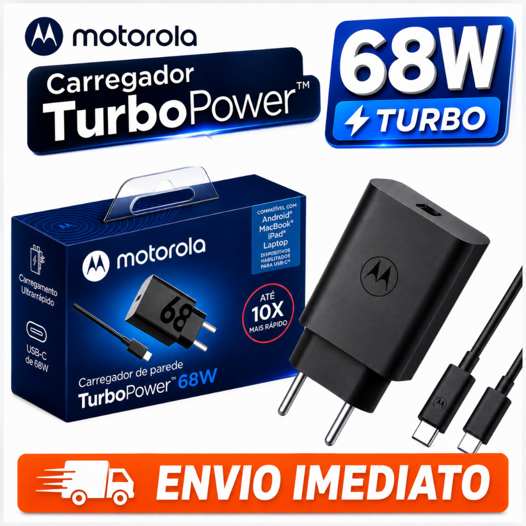 Carregador Motorola Original TurboPower 68W USB-C Rápido + Cabo Tipo C de alta potência, com 1 metro