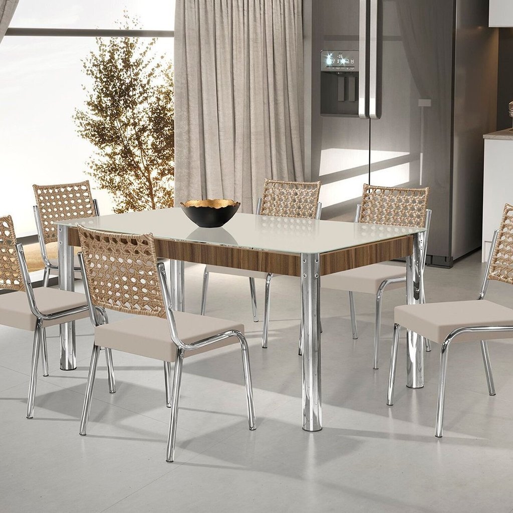 Conjunto Sala de Jantar Mesa Retangular com 6 Cadeiras Natani Yescasa Cromado/Bege Cromado/Bege