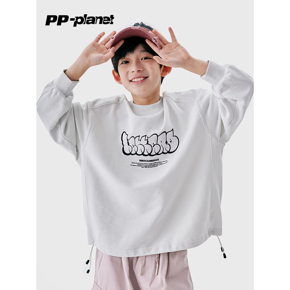 PP Planet Camiseta Infantil Solta de Manga Comprida Primavera Outono Novo Estilo Masculino Médio Grande Crianças Casual 