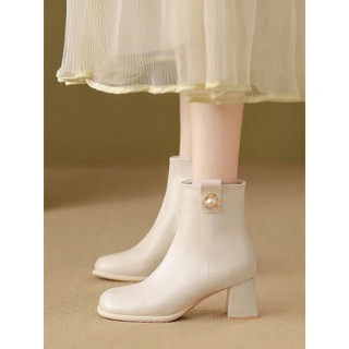 Botas curtas de rua frita francesa femininas botas finas brancas botas de salto grosso com saia sapatos femininos botas 