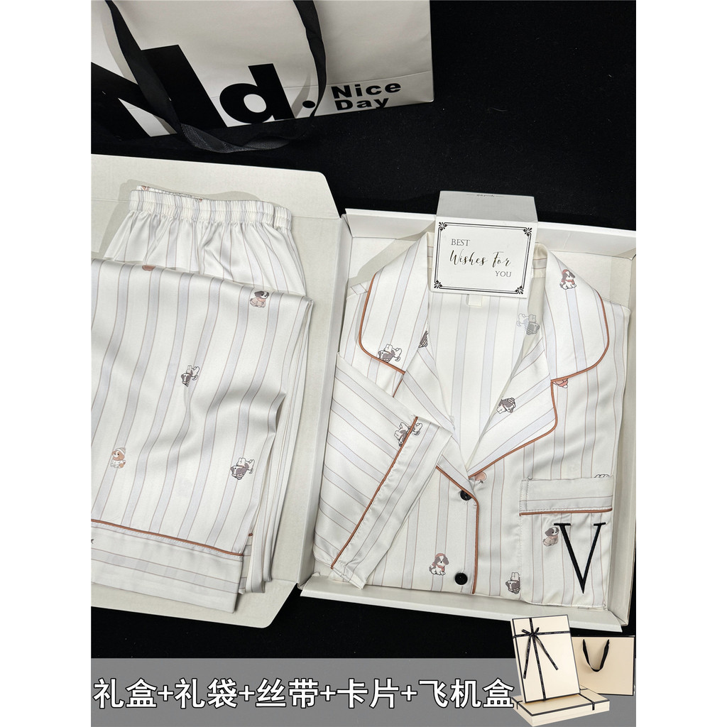 2026 novo estilo pijamas de seda gelo feminino verão gelo seda calças de manga curta Loungewear livre namorada caixa de 