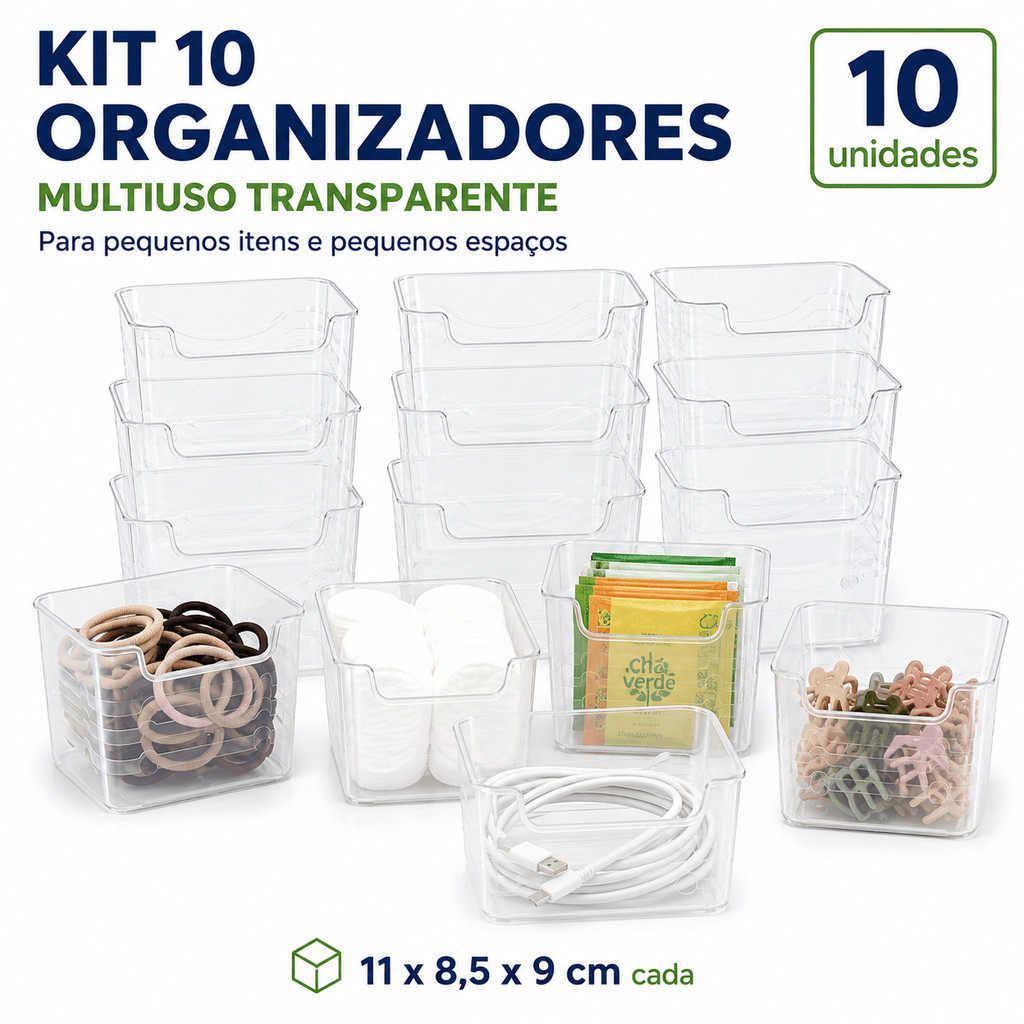 Kit 10 Cestos Organizadores Transparentes para Pequenos Itens Gaveta Armário Cozinha Geladeira 11x8,5x9cm