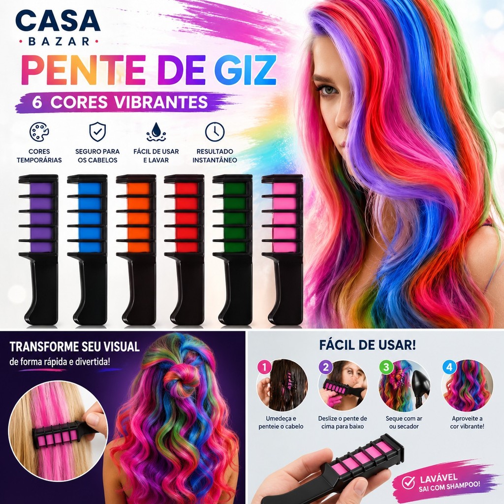 Kit 6 Pentes Giz de Cabelo 6 Cores Temporárias Colorido para Festa Carnaval Fantasia Maquiagem Capilar Infantil