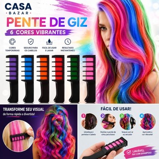 Kit 6 Pentes Giz de Cabelo 6 Cores Temporárias Colorido para Festa Carnaval Fantasia Maqu…