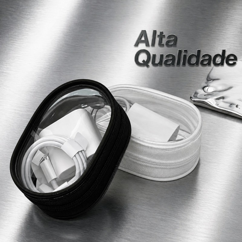 Porta Carregador de Celular Cristal PVC Estojo Transparente  Organizador de Cabos e Fones Premium