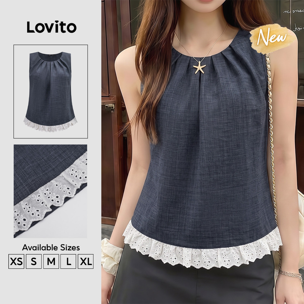 (New Arrival) Lovito Blusa Casual Retrô Anos 90 Com Blocos De Cores E Babados Na Barra Azul Para Mulheres Para Primavera/verão TKK9P1D886