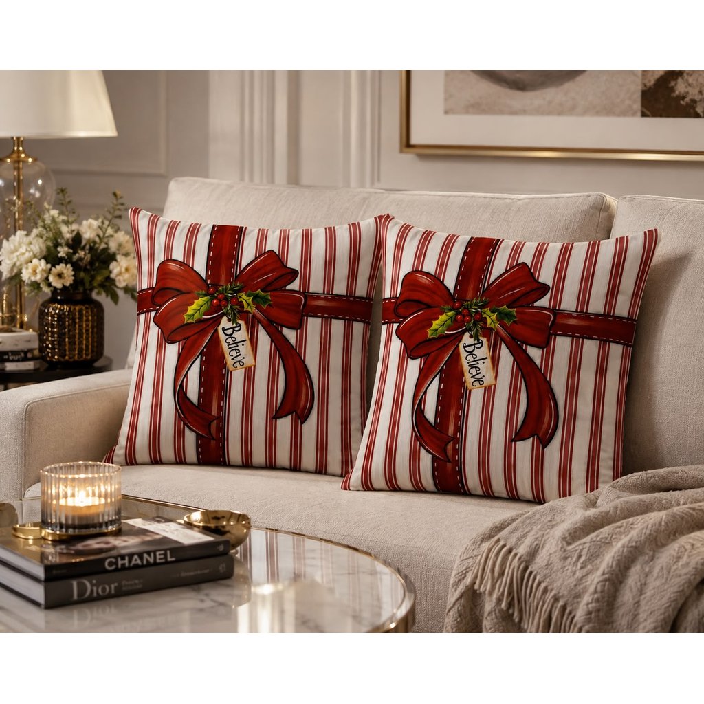 Kit 2 Capas de Almofada Natalina Presente com Laço Vermelho 44x44cm 27017– Vencedor
