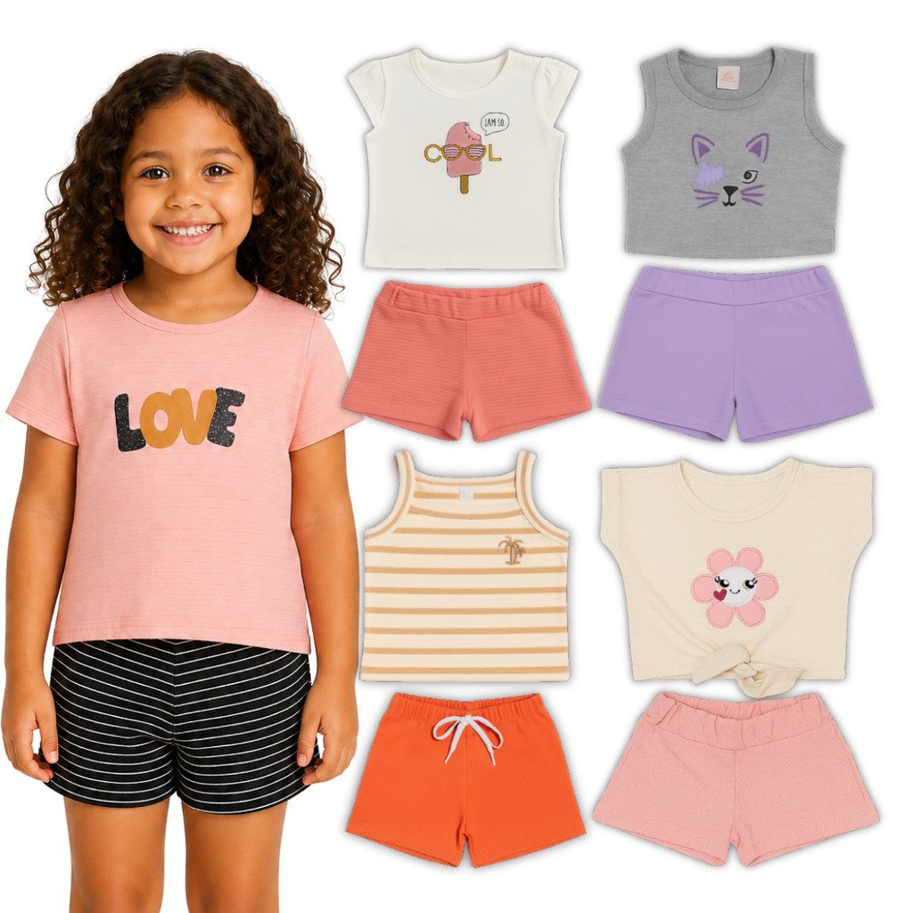 Kit 8 Peças Conjunto Roupa Infantil Estação Verão Primavera Menina Criança Feminino