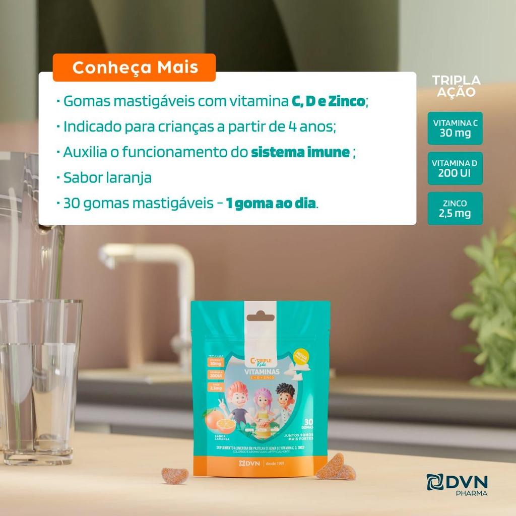 Vitamina C Gomas 30 mg + D 5 mcg + Zinco 2.5 mg 30 Unidades Sabor Laranja - C-Triple Kids — imagem 2 de 2