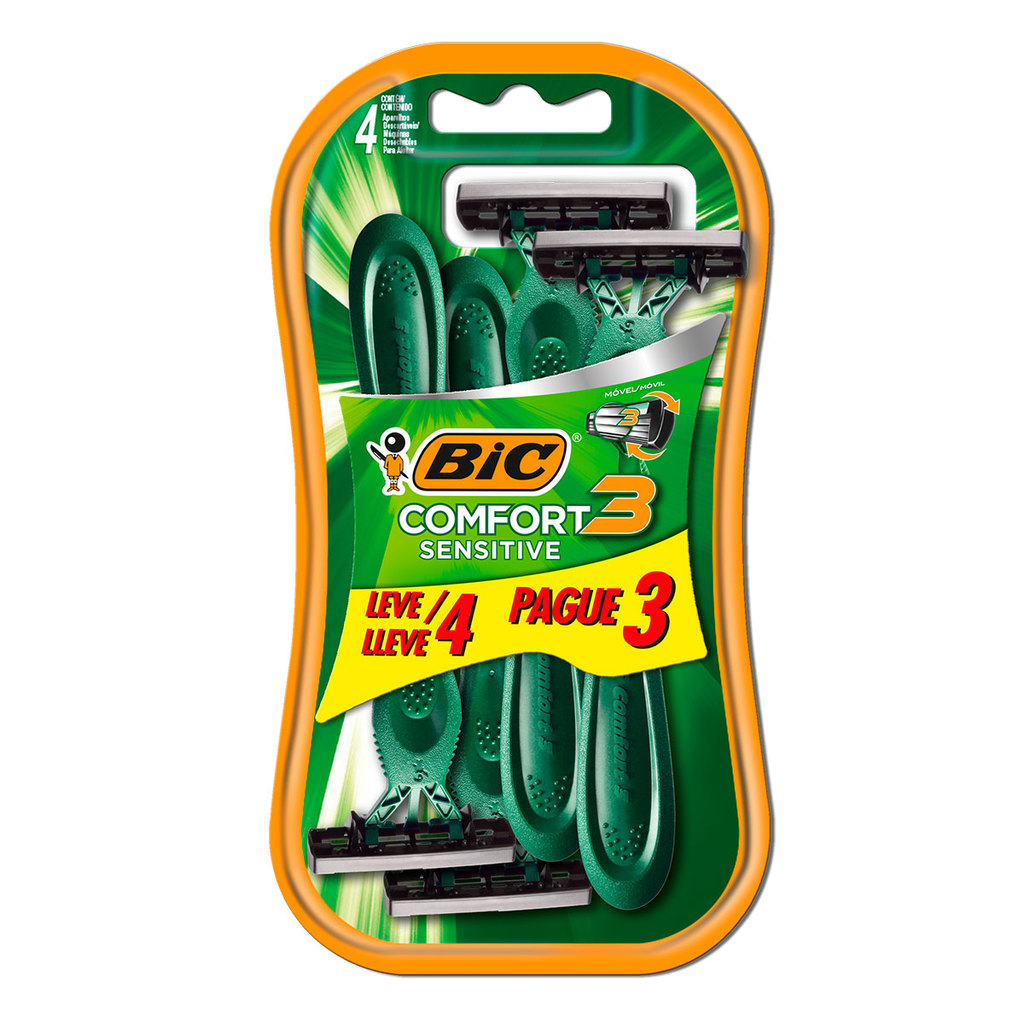 Barbeador descartável Confort3 Sensitive Verde 4 unidades Bic