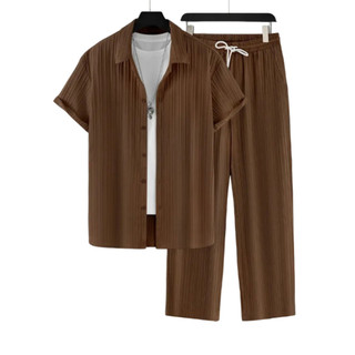 Casual Men Suit Set Solid Color Outfit Men's 2-piece Short Sleeve Lapel Shirt  Elastic Waist Long Pants Summer for Comfo