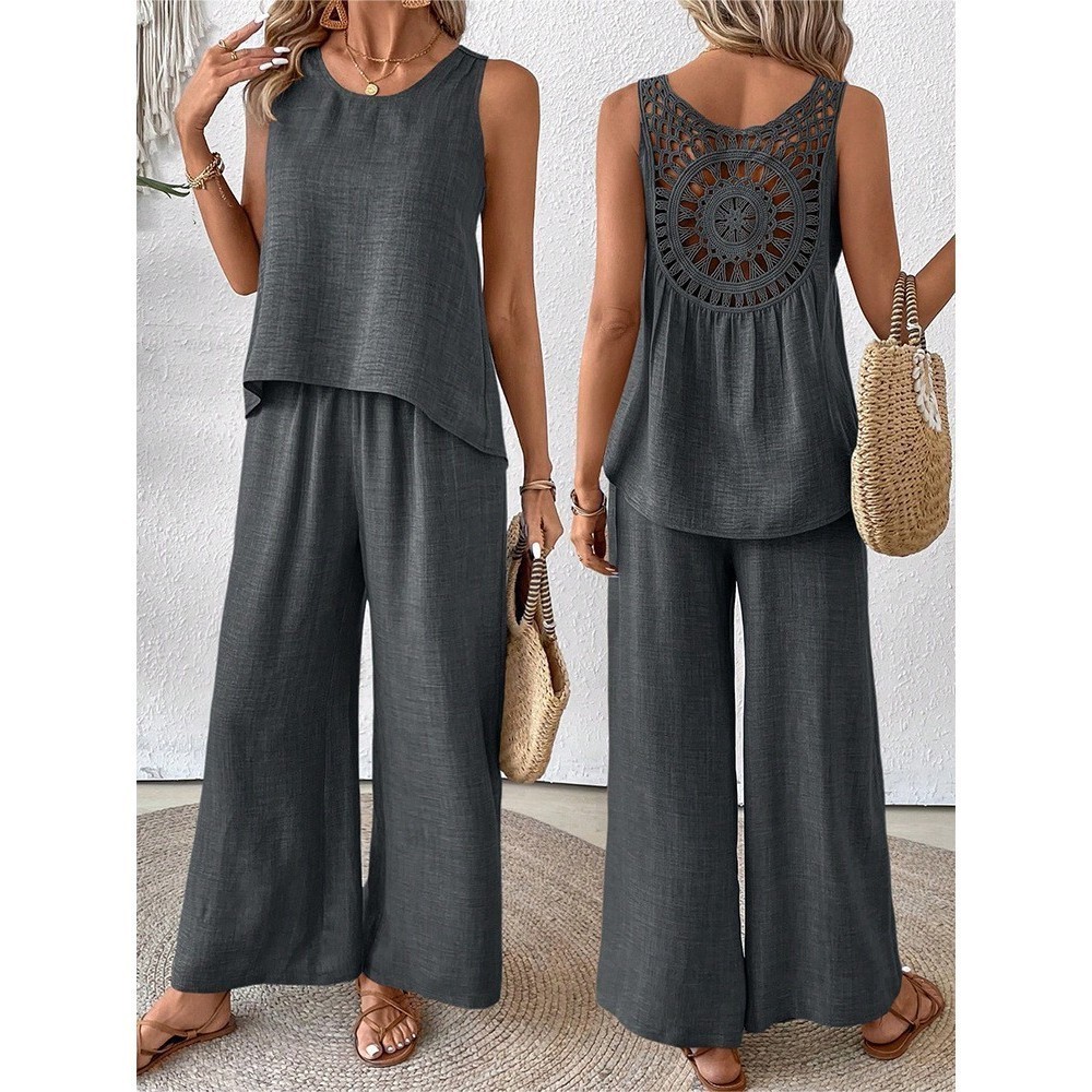 Conjunto casual e elegante de cor sólida com estampa floral e costas vazadas.