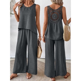Conjunto casual e elegante de cor sólida com estampa floral e costas vazadas.