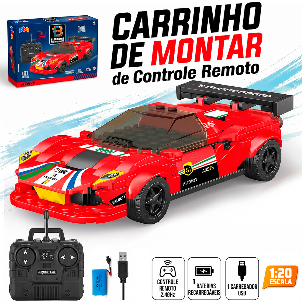 Carrinho De Controle Remoto Bloco De Montar 181 Peças Brinquedo Recarregável Usb Infantil