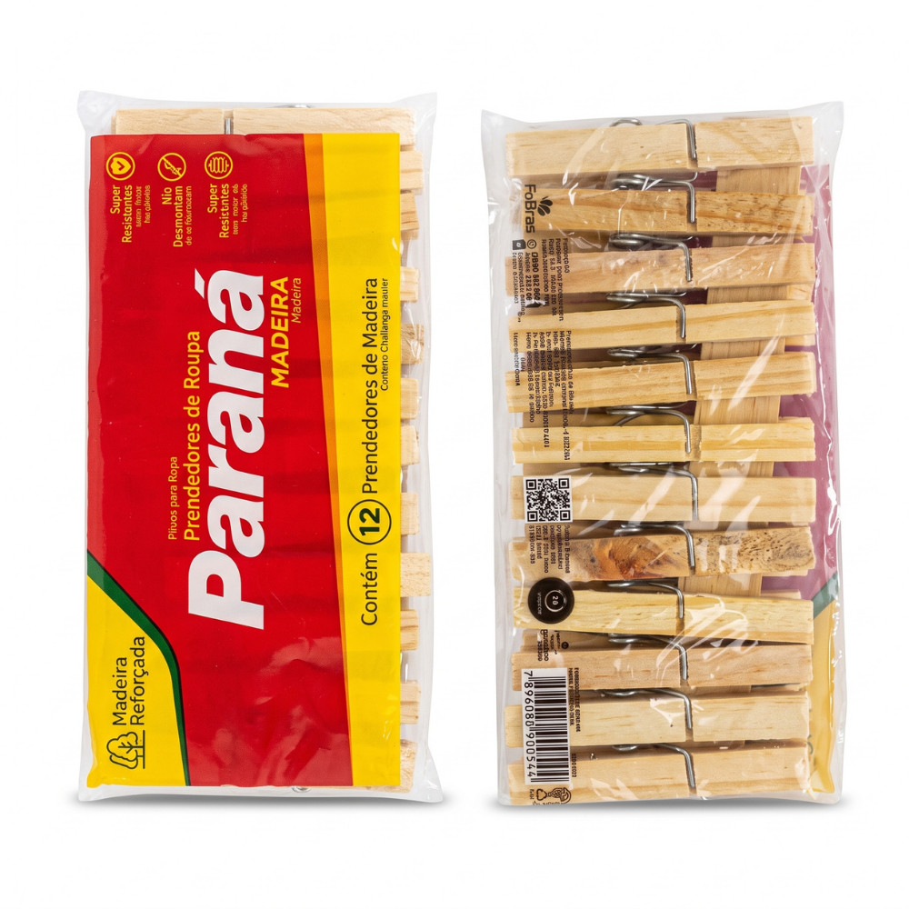 Kit 12 Prendedores de Roupa de Madeira Reforçada Paraná - Super Resistentes