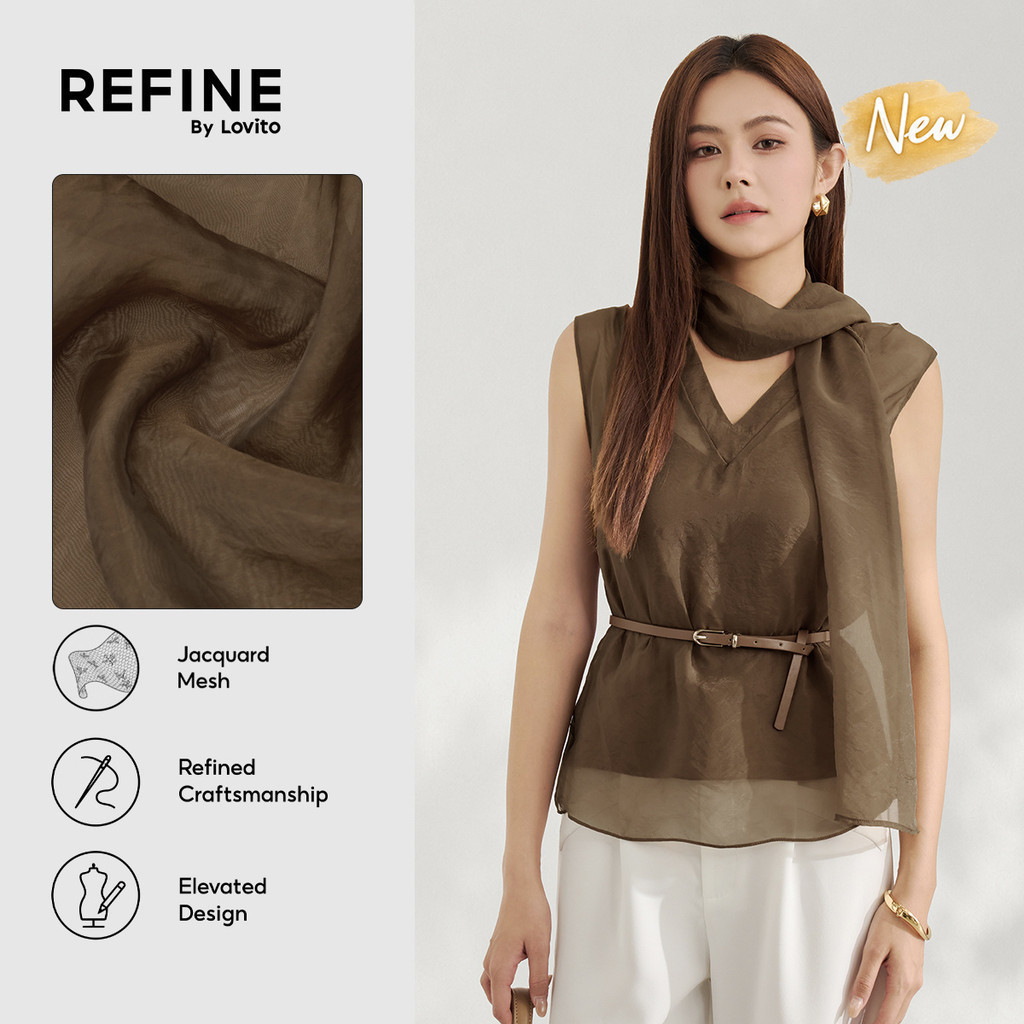 (New Arrival) (Refine by Lovito) Blusa Feminina Marrom Sem Mangas Gola V respirável 2 peças Com amarração E Tela BLR44P1D083