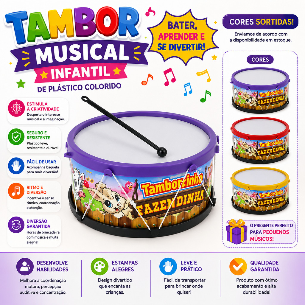 Tambor Infantil Tamborzinho Bumbo Brinquedo Prenda Grande Festa Escola
