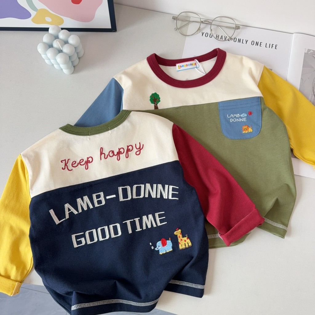Crianças camiseta de manga comprida primavera novo estilo meninos dos desenhos animados indústria pesada bonito bordado 