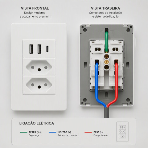 Tomada de Parede 2P+T com 2 USB + USB-C Embutida 10A 250V Branca para Quarto Escritório Casa — imagem 2 de 2
