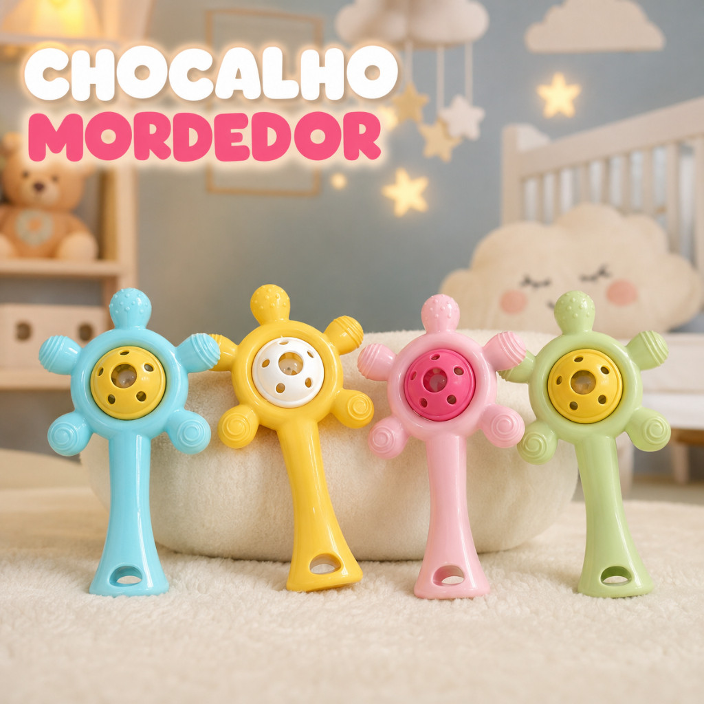 Mordedor Bebê de Silicone com Chocalho Sensorial Texturizado Massageador de Gengiva BPA Free 3 Meses+