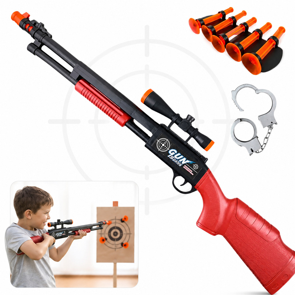 Rifle Arminha Espingarda De Brinquedo Lança Dardos Com Ventosa Mira Sniper Par Algemas Ação Policial Infantil Kizumba