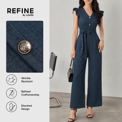 (Refine by Lovito) Casual Macacão Azul Marinho Com Botões Frontais E Cinto Ideal Para Todas As Estações Trabalho LR13L066