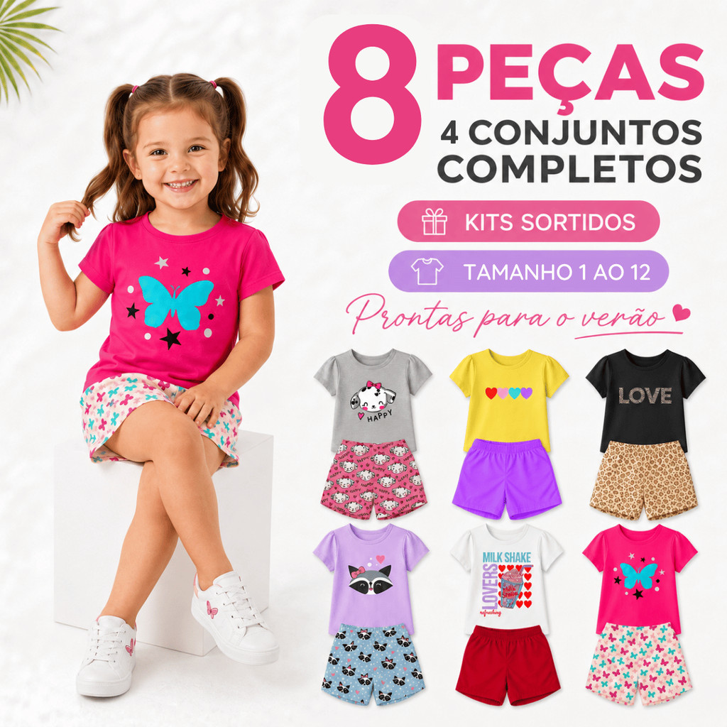Kit Sortido 8 Peças Menina Infantil  Bebê Conjunto Estampado Moda Verão