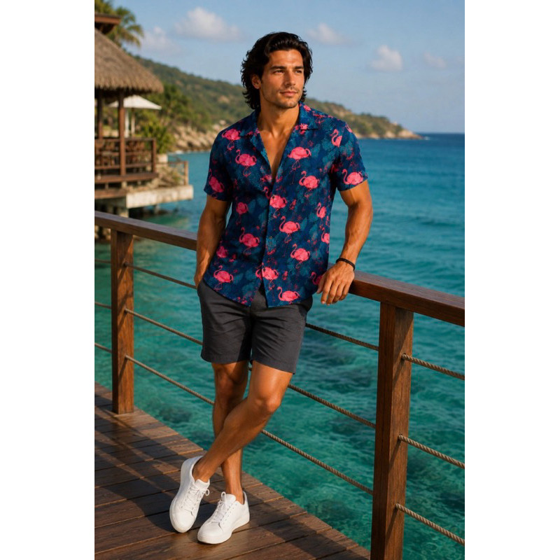 Camisa Masculina Floral Estampada Manga Curta Casual Verão Exclusivo Moderno